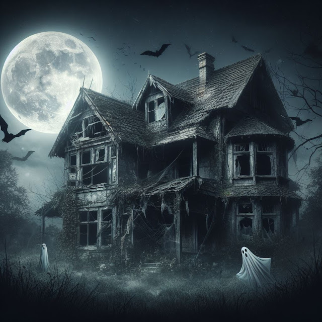 A spooky, delapitated haunted house with bats flying and ghosts in the yard.