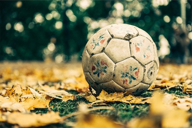 a football in a pile of autumn leaves