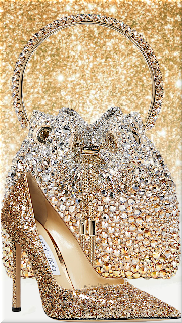 ♦Jimmy Choo Casse gold glitter-embellished pumps & Bon Bon gold embellished bucket bag #brilliantluxury