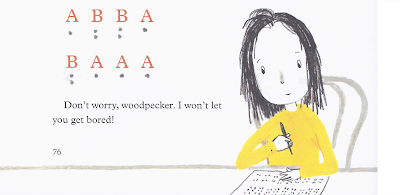 Girl and her stylus, Woodpecker, pecking out Braille dots.