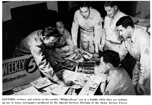 Jerry Siegel and Gerald H. Green collaborating on Super G.I. for Midpacifican. Army Life and United States Recruiting News, October 1945, p. 19
