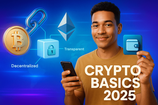 A young man holds a smartphone and digital wallet icon with 3D symbols for Bitcoin, Ethereum, and blockchain around him. The text "Crypto Basics 2025" is bold across his shirt on a neon tech background.