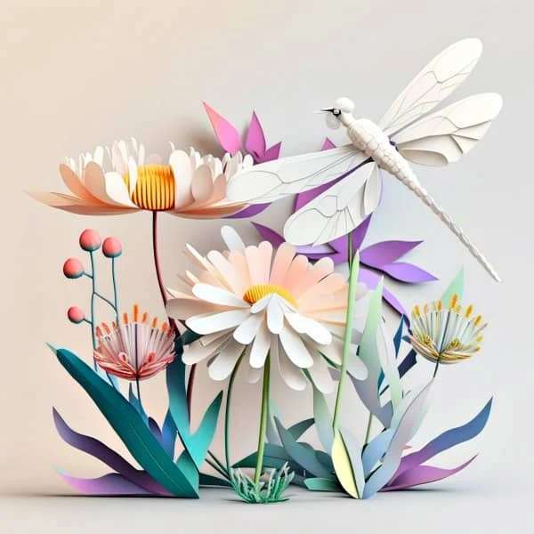 paper sculpture of a variety of colorful flowers and a large dragonfly