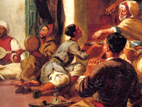 Eugène Delacroix's orientalist Jewish Wedding in Morocco painting details of a tambourine player and a donation collector