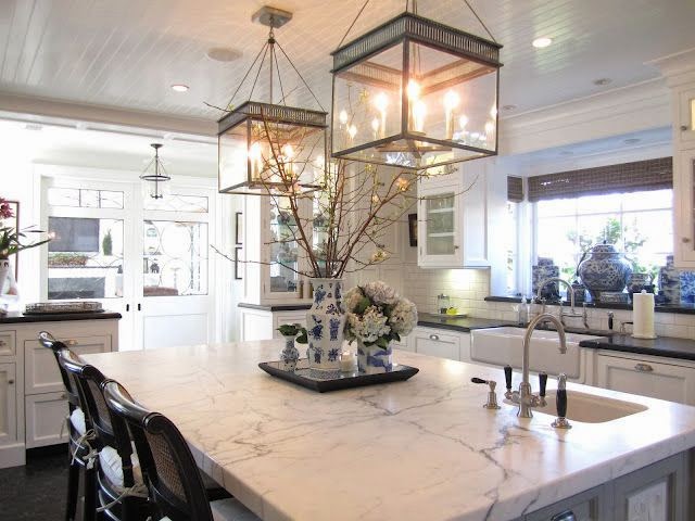 beautiful traditional style decor white kitchen marble counter tops hanging lanterns