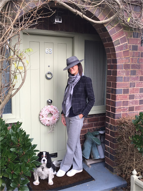 My Midlife Fashion, Zara checked blazer, zara felt trilby, louis vuitton monogram scarf, boden cashmere relaxed v neck jumper, marks and spencer wool wide legged trousers, mango white leather trainers