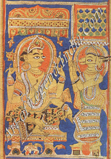 Sakra (Indra) commands the exchange of babies in the wombs of Devananda and Trisala. An illustration from a manuscript of the Kalpasutra, the Jain holy scriptures, of the fifteenth century. 