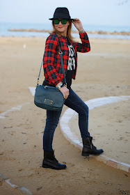 checked jacket, just parfait sweater, combat boots, Fashion and Cookies, fashion blogger