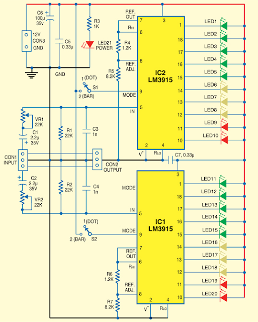 Low-Cost Stereo Level Indicator Circuit Diagram