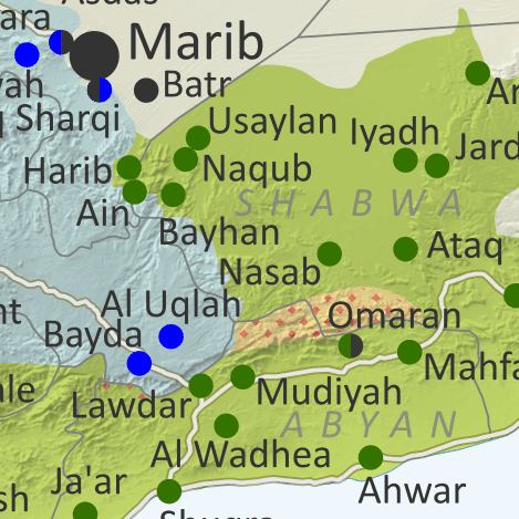 Thumbnail preview of map of what's happening in Yemen as of March 2023, showing territorial control in the PLC government infighting between Saudi-backed al-Islah and the UAE-backed STC southern separatists, as well as control by the unrecognized Houthi government and major areas of operations of Al Qaeda in the Arabian Peninsula (AQAP). Includes recent locations of fighting and other events, such as Mudiyah, Mahfad, and the Omaran Valley.