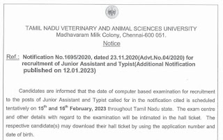 TANUVAS Junior Assistant and Typist 2020 Exam Date