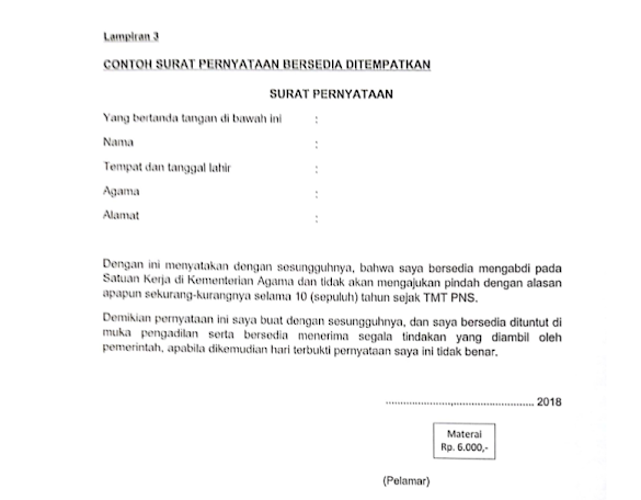 Contoh Surat Pernyataan Bersedia Ditempatkan bagi CPNS Kemenag