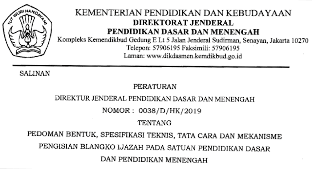 Pedoman Penulisan Ijazah SD, SMP, SMA, dan SMK Tahun 2019