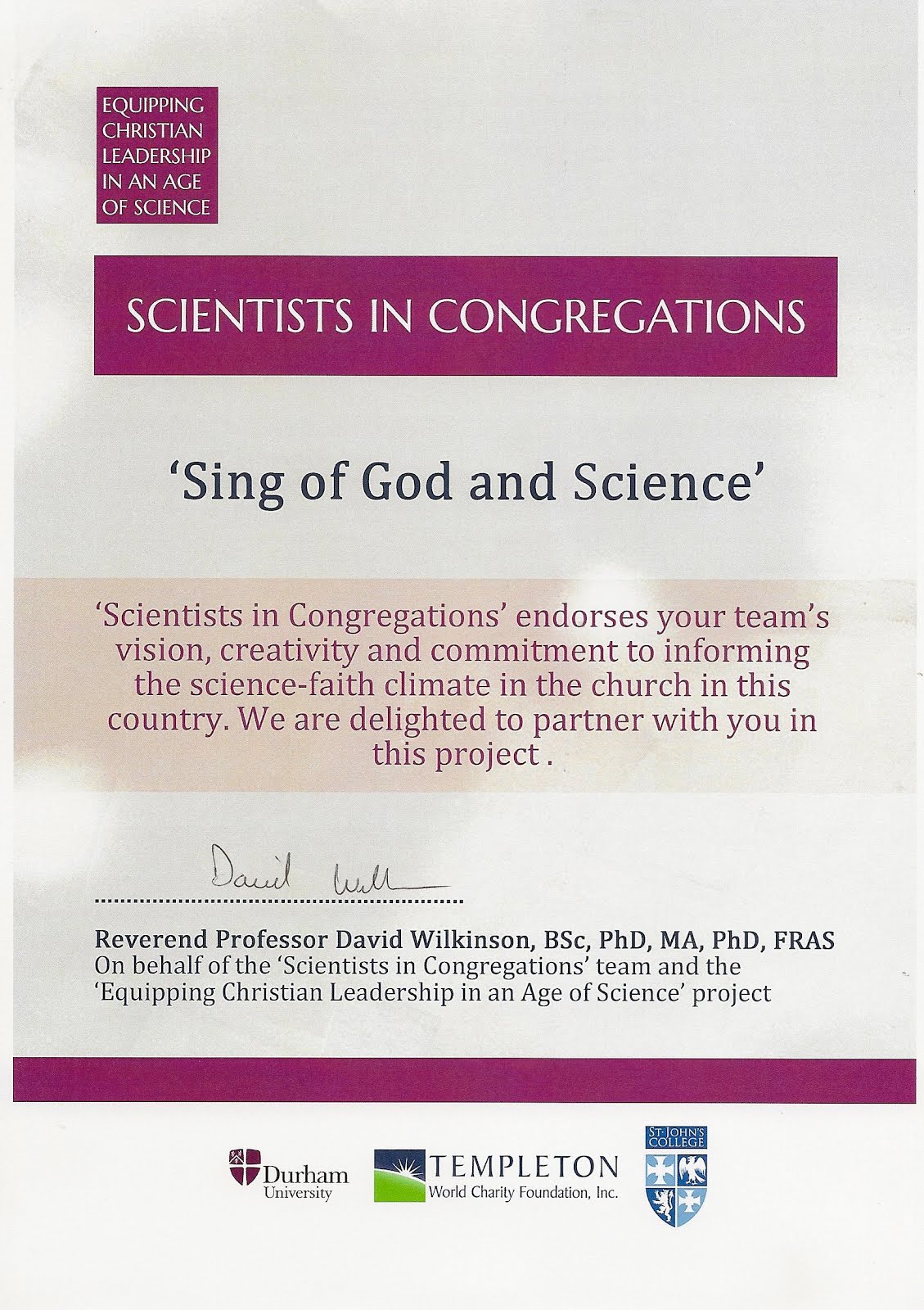 'Scientists in Congregations' Award