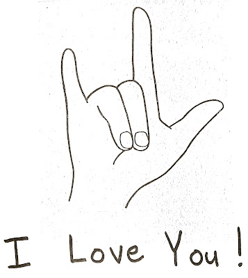 Pencil drawing of a hand showing the ASL sign for "I Love You".