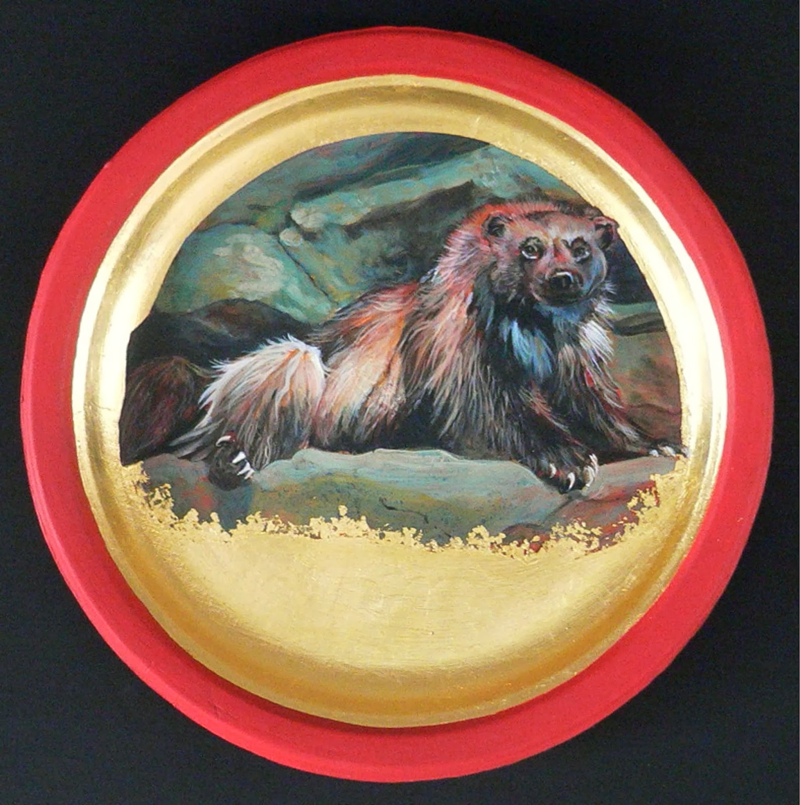 Wolverine, Egg tempera, 23 c. gold on paper plate, $450