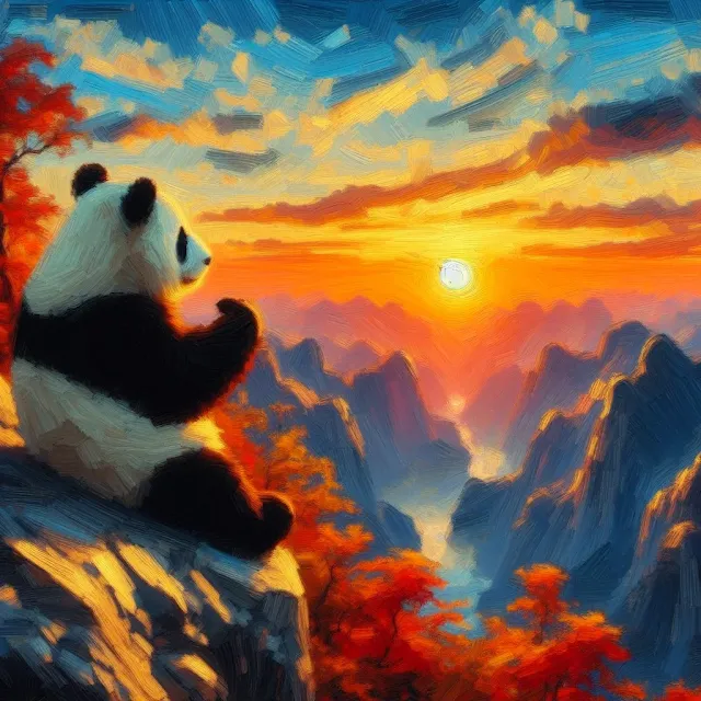 Panda chino en las montañas de china al amanecer. Arte digital