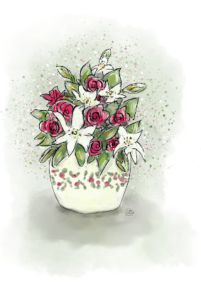 Digital line and wash watercolour of a jug of red roses and white lilies.