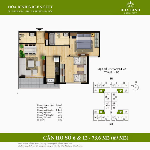 Căn hộ 72m2 chung cư hòa bình green city