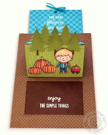 Sunny Studio Stamps: Fall Pumpkin Patch Pop-up Card using Sliding Window Dies, Woodland Borders, Fall Kiddos & Happy Harvest Stamps and new 6x6 patterned papers