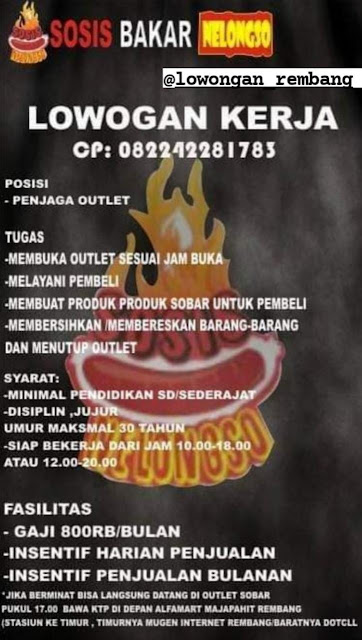 Lowongan Kerja Penjaga Outlet Sosis Bakar Nelongso Rembang Tanpa Syarat Pendidikan