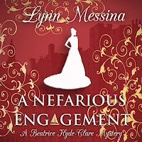 A Nefarious Engagement: A Regency Cozy audiobook cover. A white silhouette of a woman in a long gown on a wine-coloured background decorated with gold filigree swirls and the shadow of a large castle or stately home.