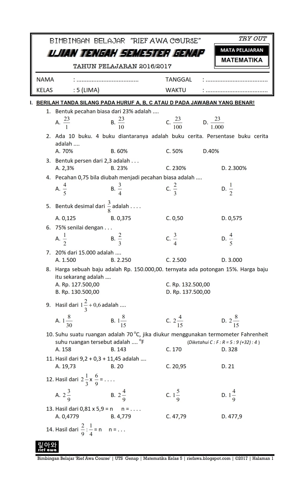 Download Soal UTS Genap Matematika Kelas 5 SD MI Semester 2 Terbaru 2017 Rief Awa Blog