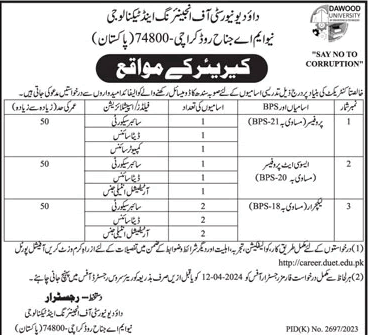 Dawood University of Engineering and Technology Jobs March 2024 DUET Karachi Teaching Faculty Latest