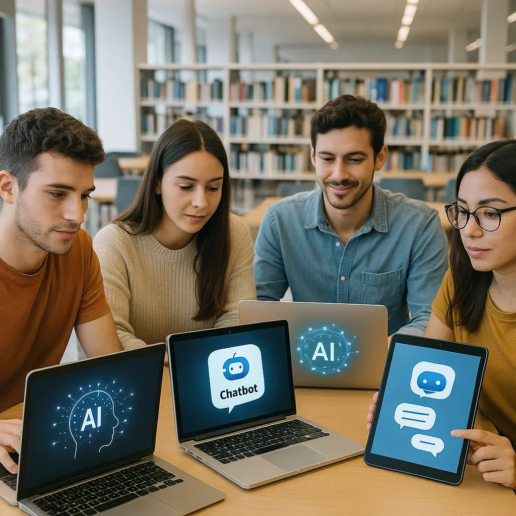 Estudio sobre el uso de la inteligencia artificial (IA) entre universitarios, con un birrete sobre un cerebro digital.