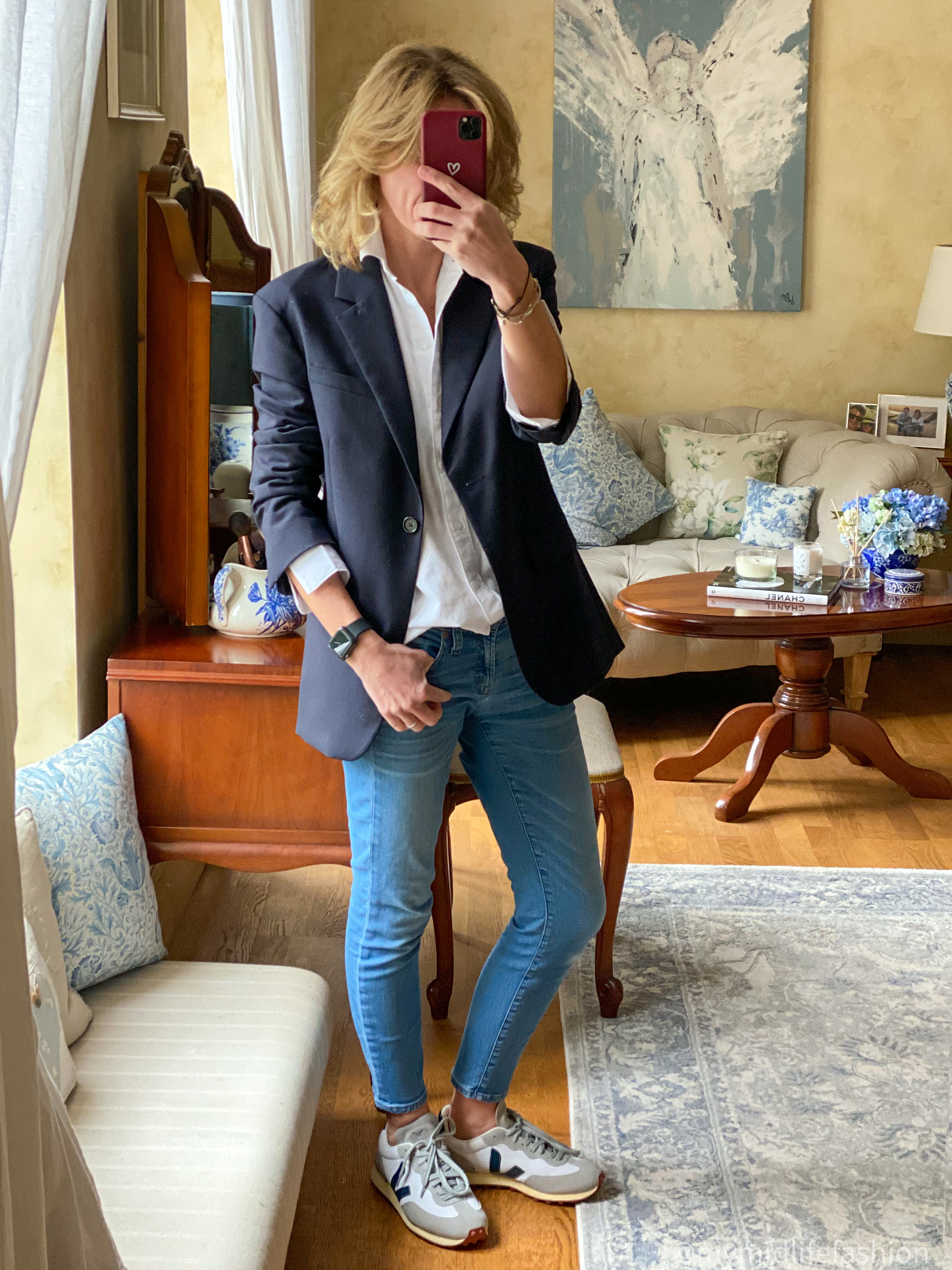 my midlife fashion, arket oversized blazer, and other stories boyfriend shirt, j crew 8 inch toothpick skinny jeans, veja trainers