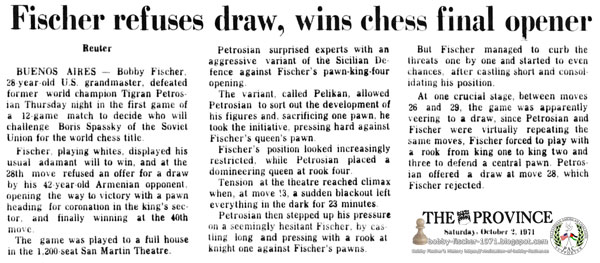 Fischer Refuses Draw, Wins Chess Final Opener