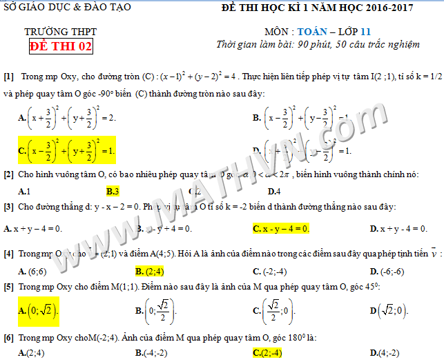 de thi hoc ki 1 toan 11 trac nghiem, file word