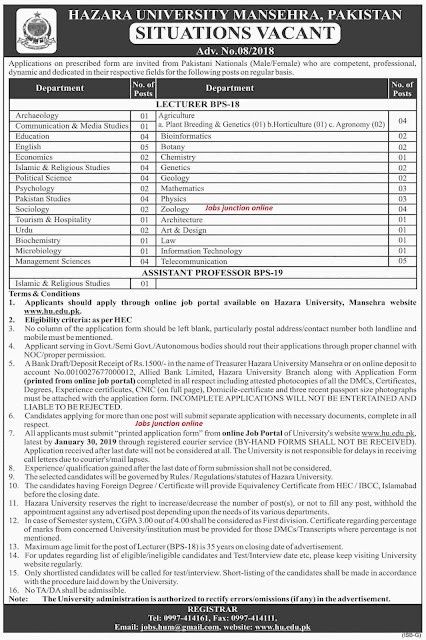 Hazara University (HU) Manshera Latest Jobs 2019 For Lecturers & Others