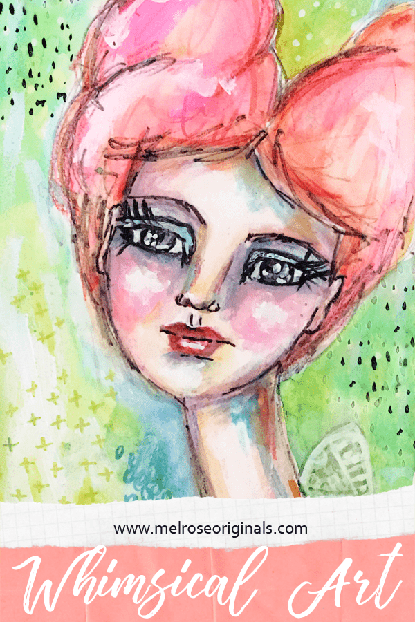 mixed media whimsical art girl with pink hair