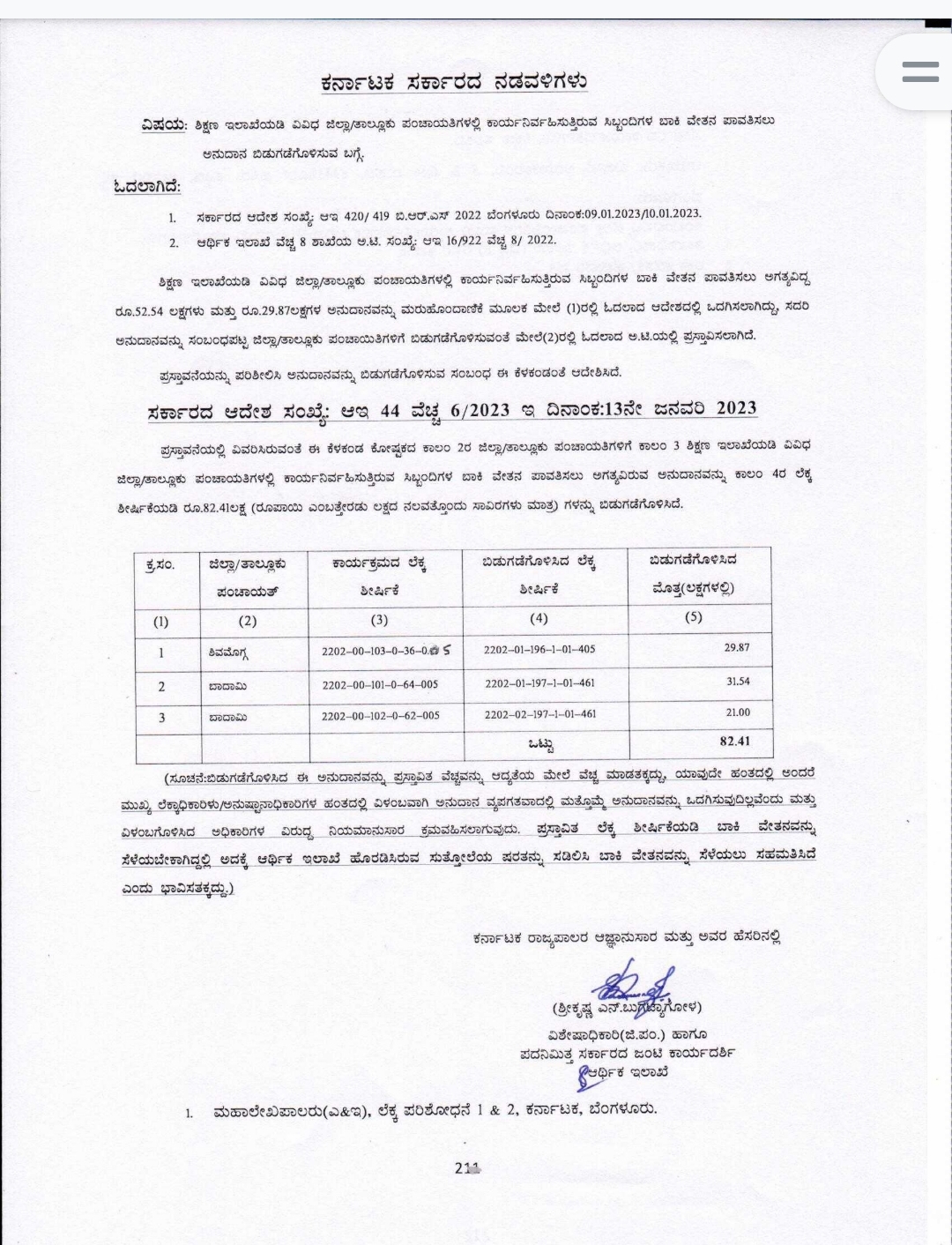 Regarding release of grant for payment of salary arrears of staff working in various Zilla/Taluk Panchayats under Education Department