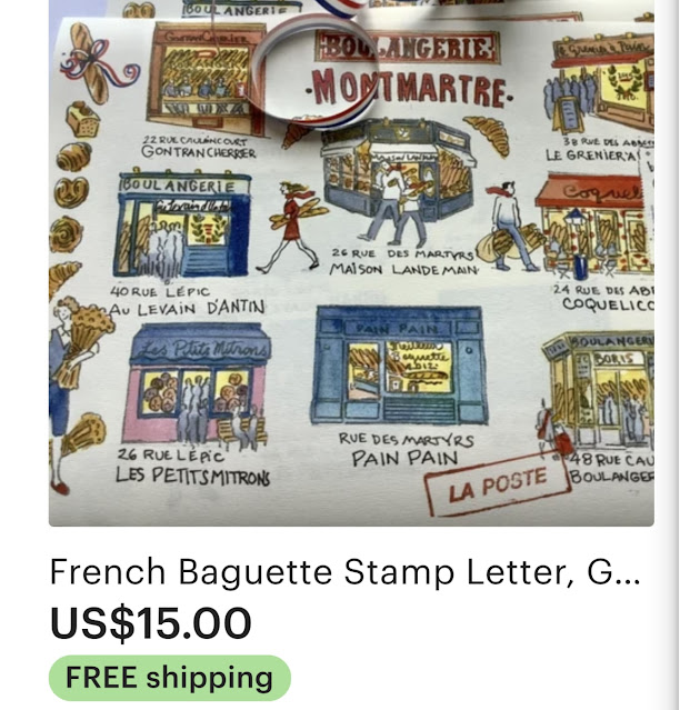 Illustrated Baguette stamp letter is available on Etsy