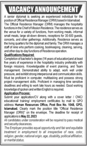  Jobs Available at Public Sector Organization AS A Official Residence Manager 2023 