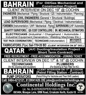 Oil & Gas construction project jobs for Bahrain & Qatar