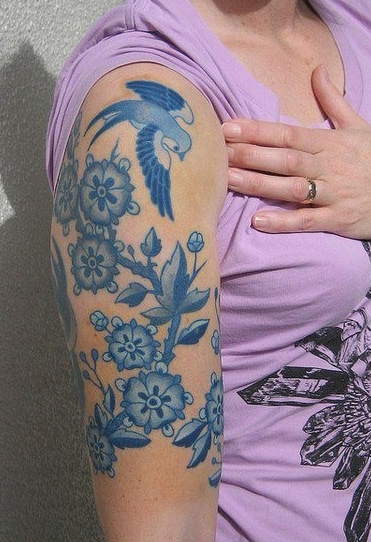 Blue Flower Tattoos for Women Hand, Flower Tattoo Design for Women Arm, Gorgeous Flower Tattooed Women Arm.