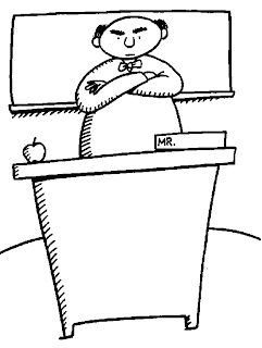 A clip art drawing of a male teacher behind a desk. He has a mean face and has his arms crossed over his chest