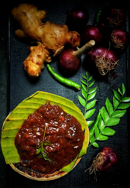 "Amma's Palakkad Style Inji Puli, a South Indian ginger curry with tamarind, jaggery, and aromatic spices."