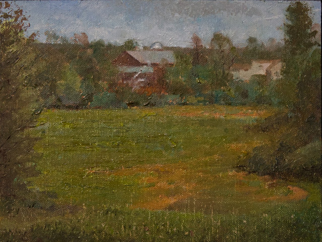 Oil painting of overgrown field with red barn and silo among trees in middle distance.