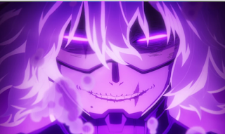 Tomura Shigaraki's face floating in a tank of fluid. The fluid is lit with a purple light as he grins malevolently.