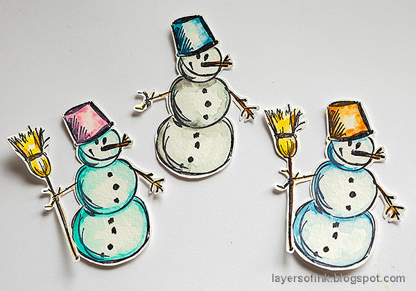 Layers of ink - Snowmen Mixed Media Tag Tutorial by Anna-Karin Evaldsson. Cut out the snowmen.