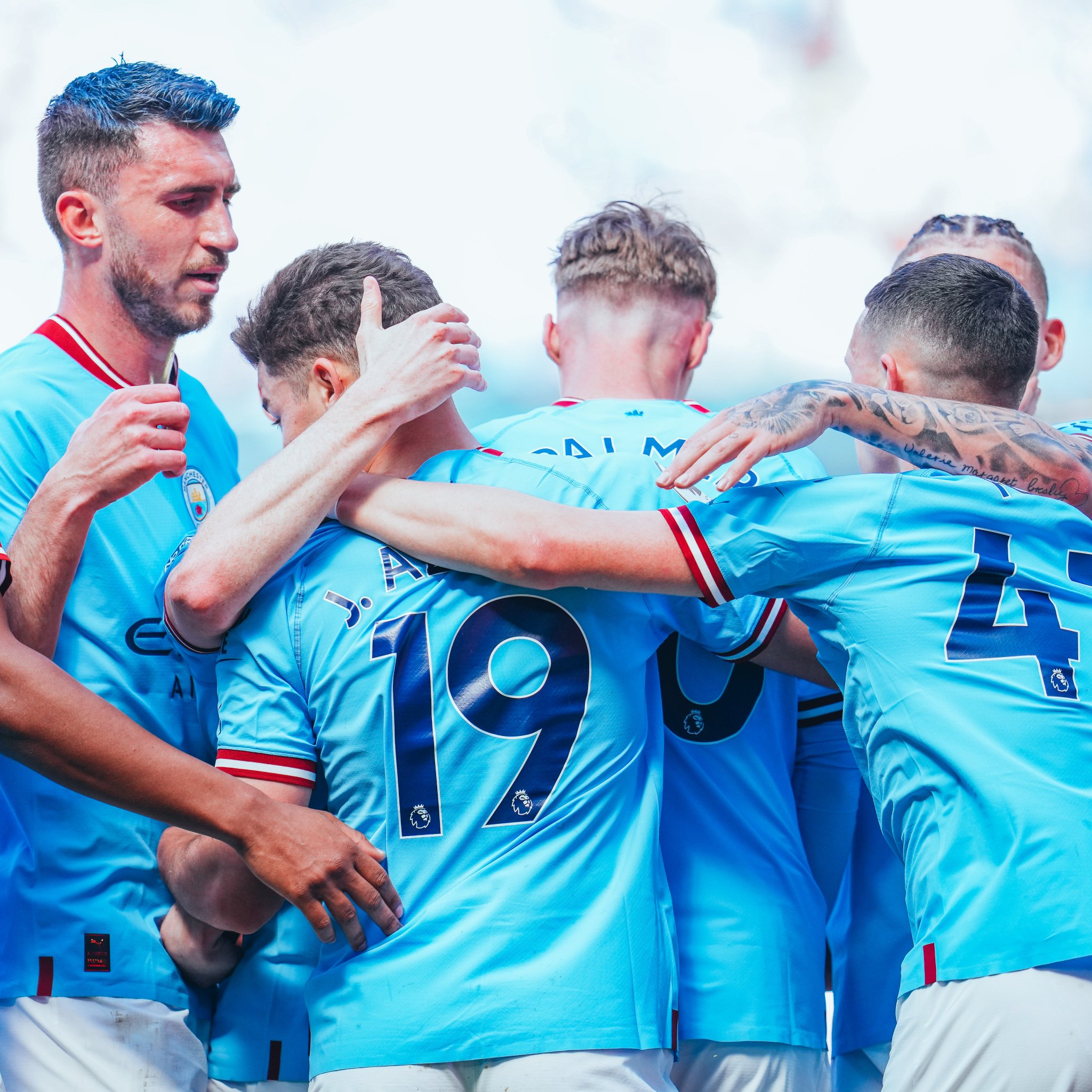 Manchester City players celebrate lone goal triumph against Chelsea in the Premier League match on Sunday 21 May, 2023 at Etihad Stadium