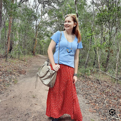 awayfromblue Instagram | blue v-neck tee and red printed maxi skirt