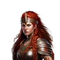 Boudica, the warrior queen of the Iceni, with a challenging look.