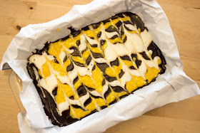 How to Make Groovy Pumpkin, Cheesecake Marbled Brownies- The Easy way to make a groovy fall dessert (with a boxed mix!)