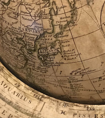 Japan on the new accurate and compleat terrestrial globe by Gabriel Wright and William Barden, provided free as a promotional strategy to encourage subscriptions to The Geographical Magazine, 1783, published by Harrison & Co., London, mounted in mahogany stand