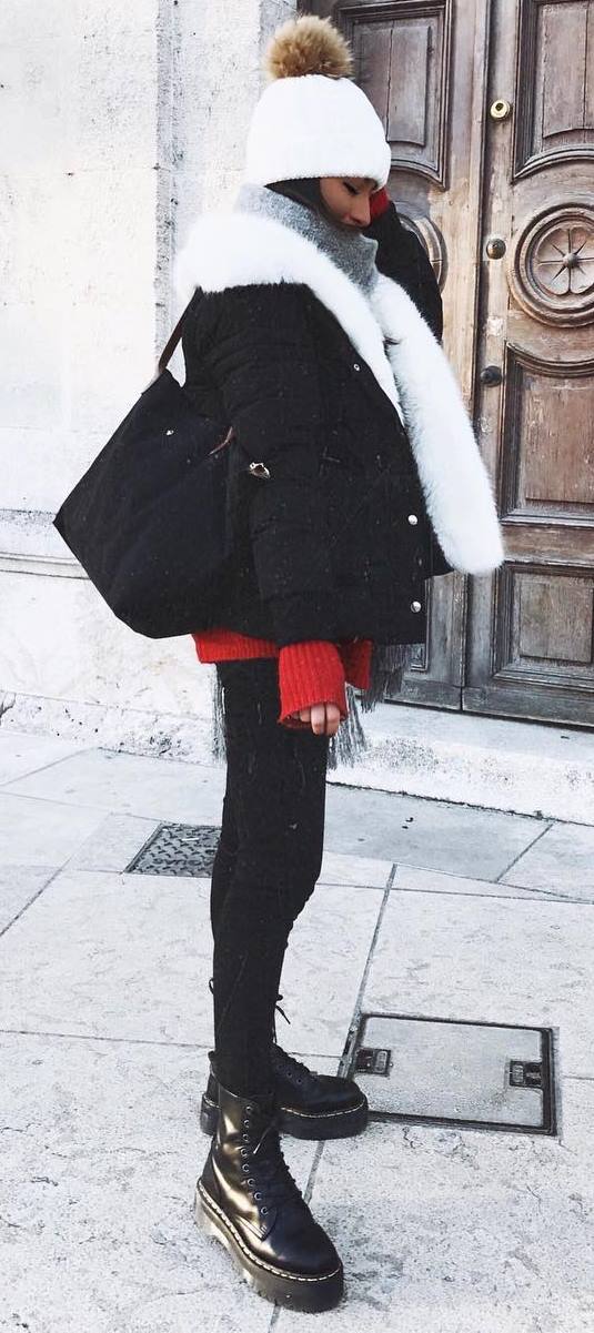 winter street style / hat + black jacket + bag + red sweater + skinny jeans